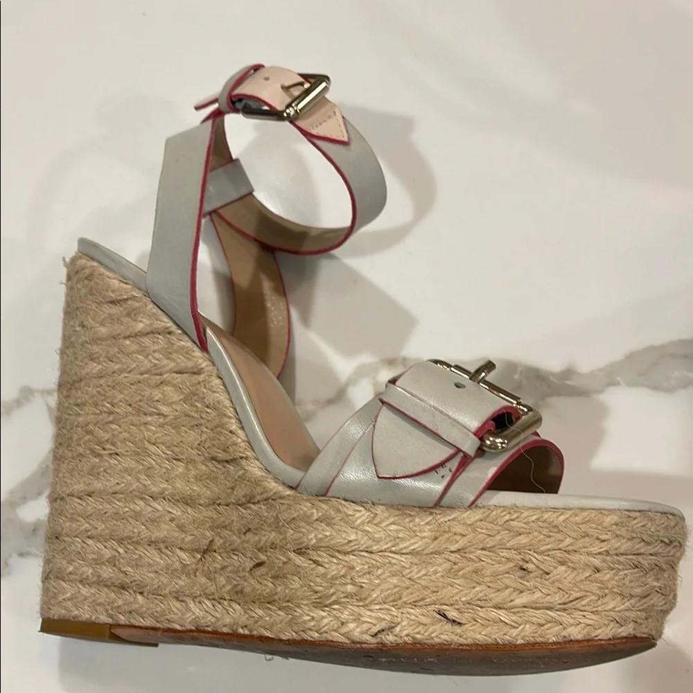 Pour La Victoire White and Pink Trim Espadrille Wedge Sandals